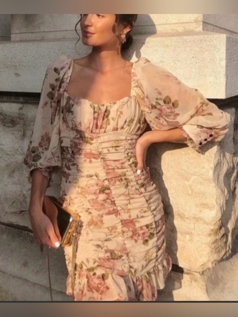 Zara Zimmerman Floral Ruched Dress Tan Pink Size L